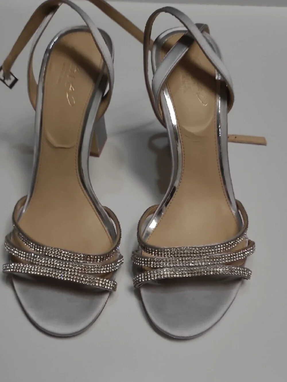 Jewel Badgley Mischka Silver Rhinestone Strap High Heel Sandals - Size 10